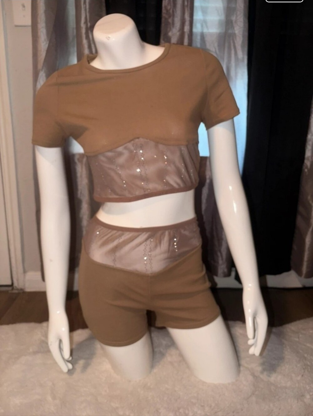 Two-Piece Crop Top and Shorts Set in Camel with Sheer Diamond Panels